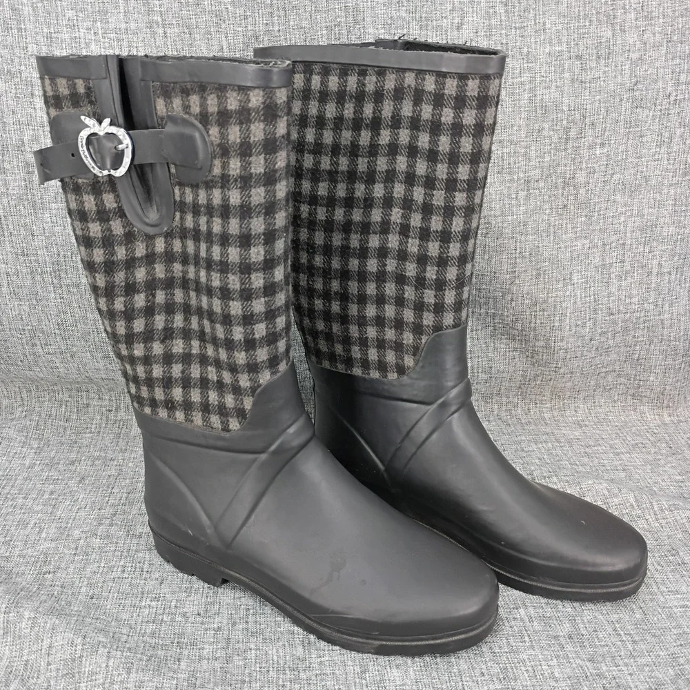 Apple Bottoms Womens 8 Plaid Rain Boots Black Gray Rhinestone Buckle Y2K Rubber